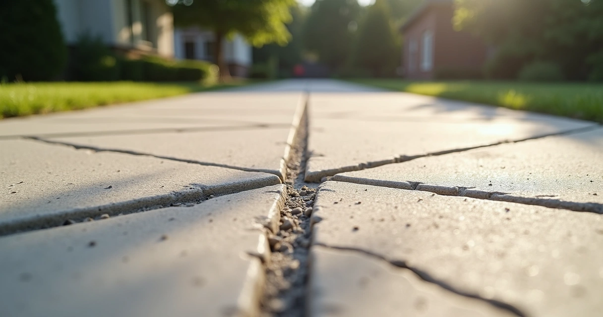 Close-up of expansion joint between concrete driveway slabs under bright summer sunlight 