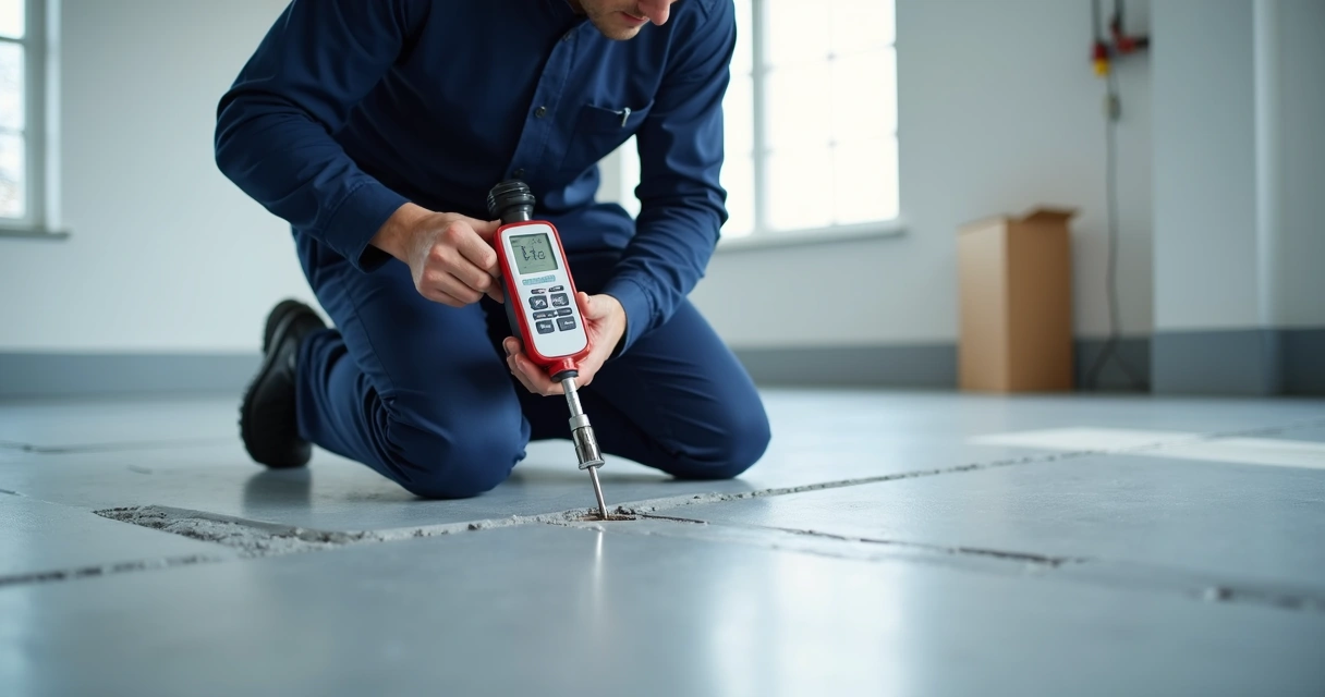 Worker performing RH probe moisture test in garage concrete slab 