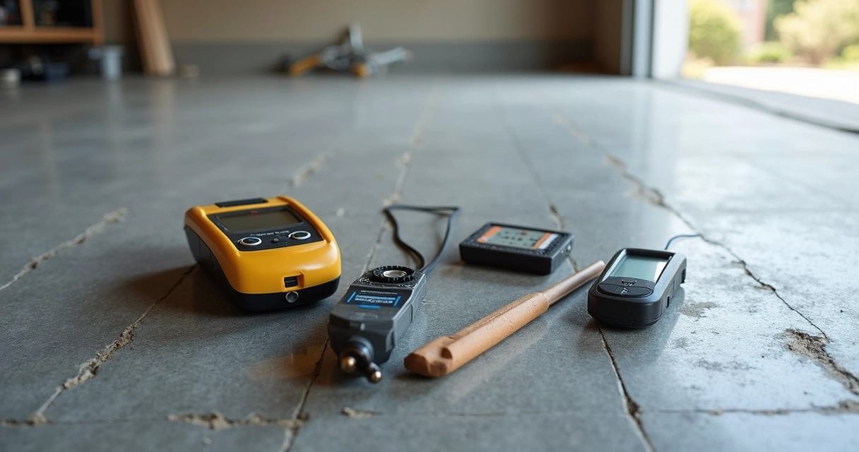 Moisture testing tools placed on concrete floor before epoxy installation 