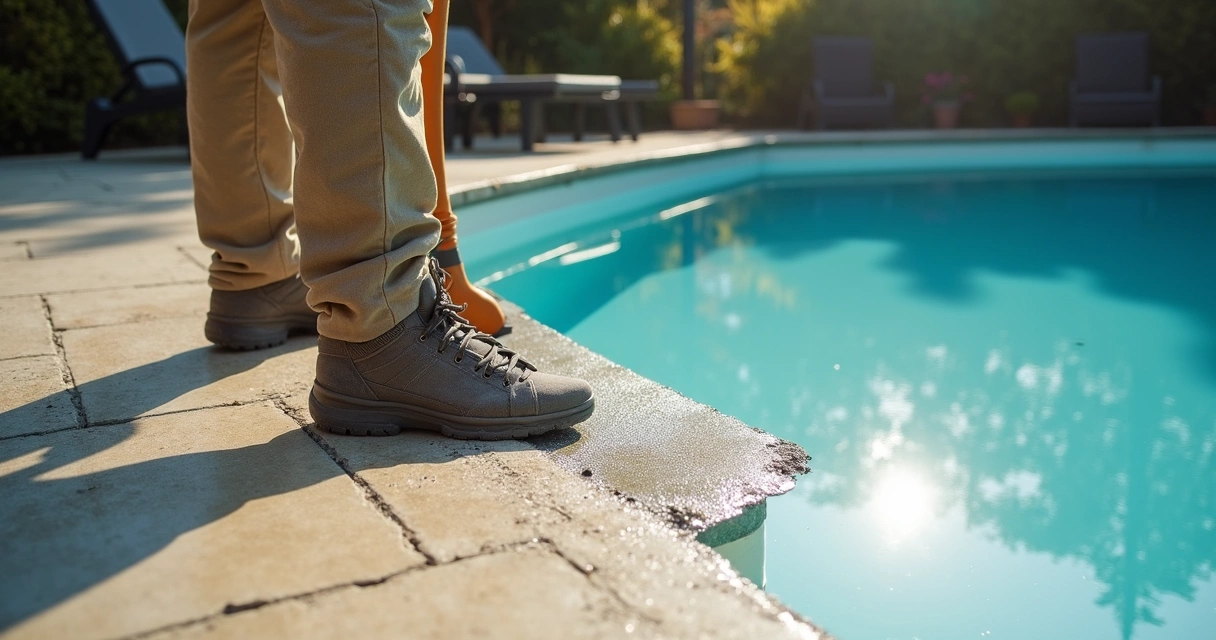 Worker applying concrete overlay with trowel on pool deck 