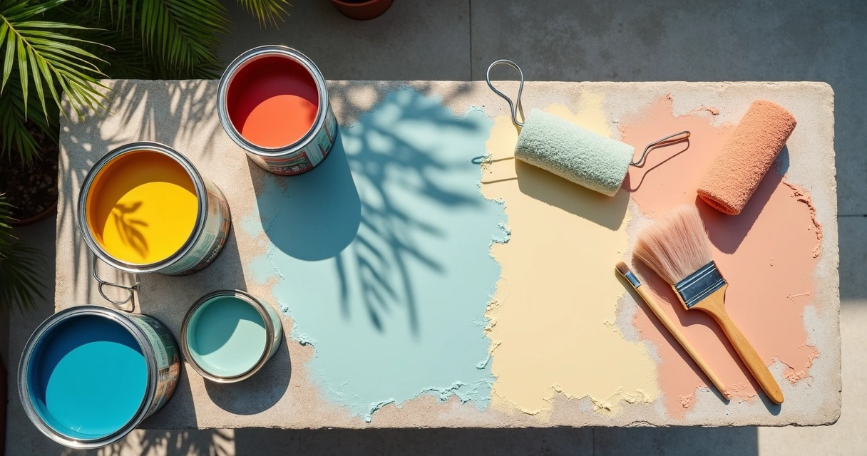Concrete paint cans and painting supplies on a patio