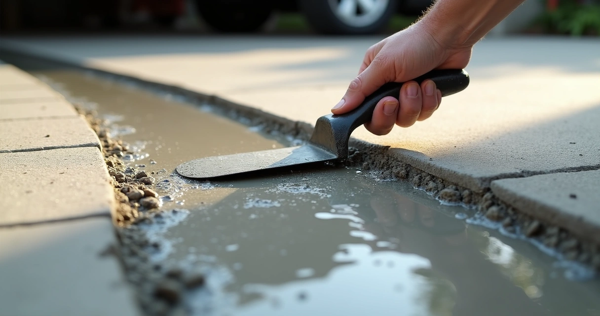 Hand applying patch to concrete driveway dip