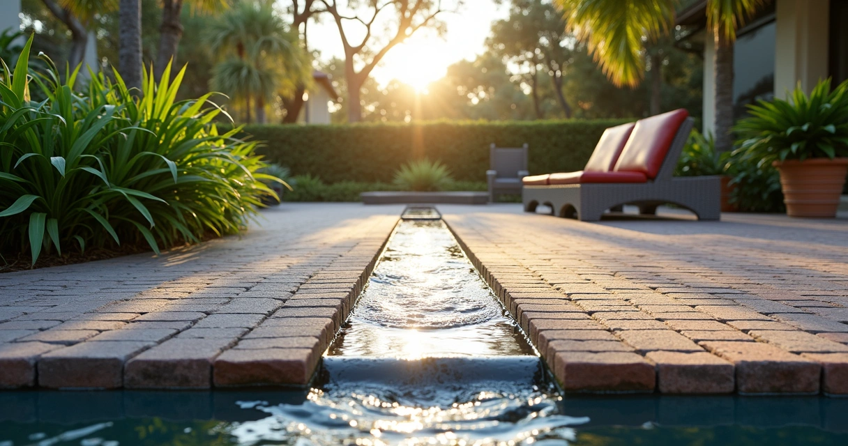 Concrete patio with integrated drainage and paver border 