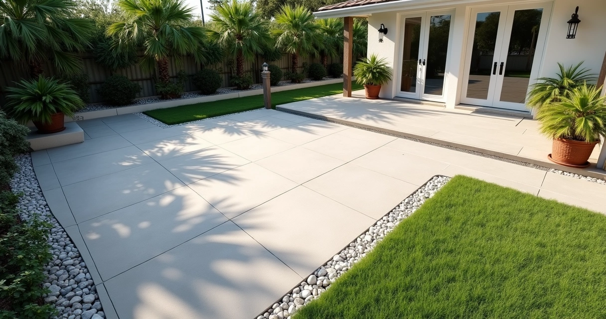 Repaired concrete patio with new drainage channel and healthy landscaping in Central Florida 