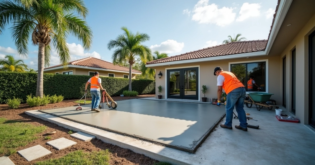 Concrete patio installation with workers in Florida 