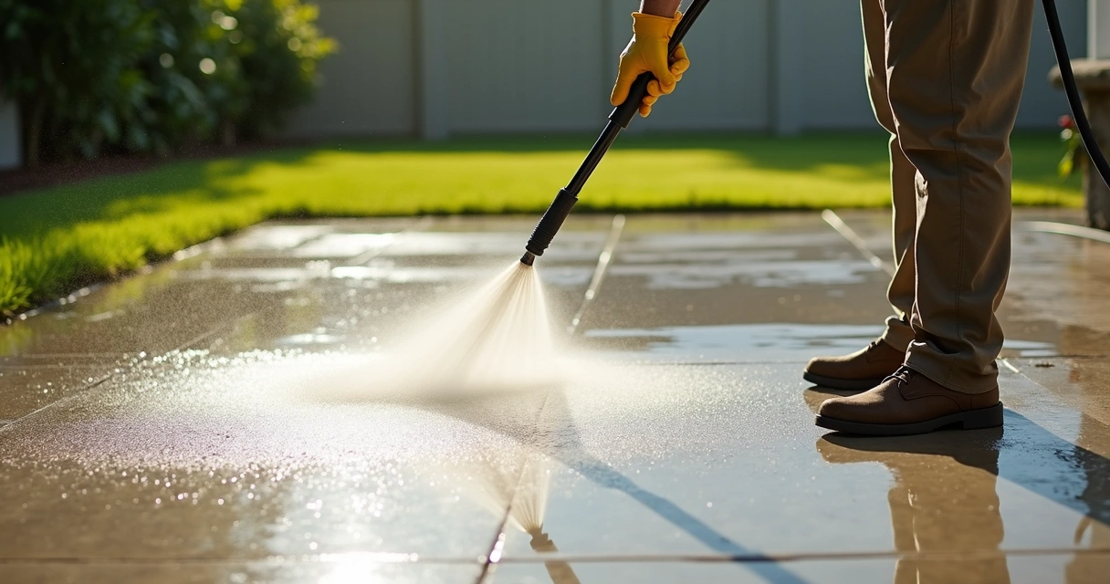 Person cleaning a concrete patio with a power washer in Central Florida 
