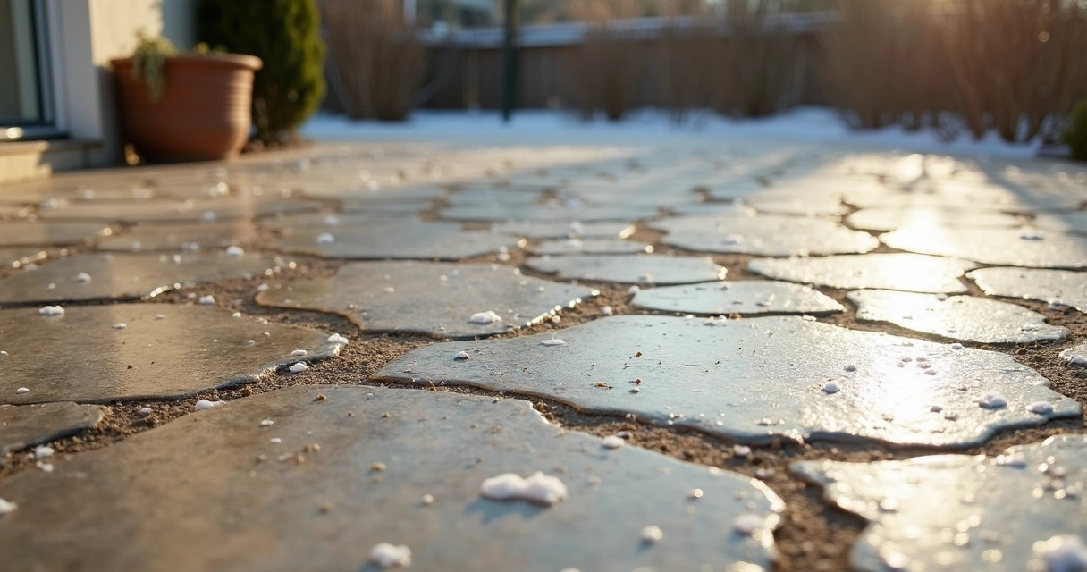 Concrete patio showing signs of winter freeze-thaw damage 