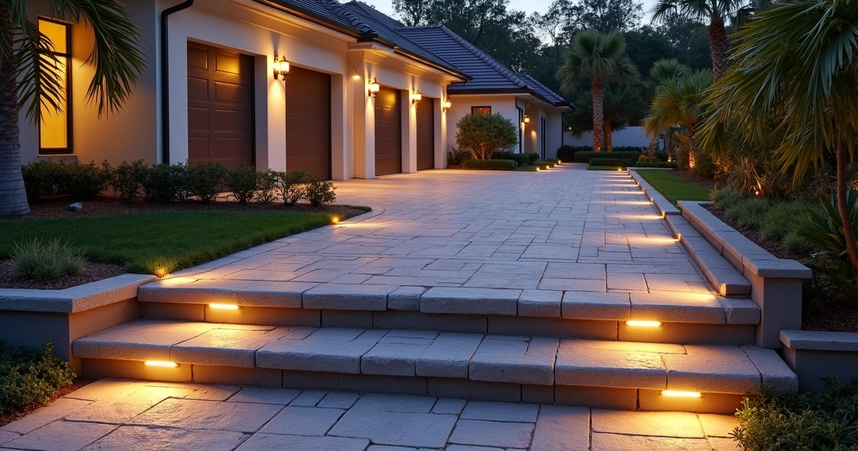 Split-level concrete and paver driveway with night lighting Florida 