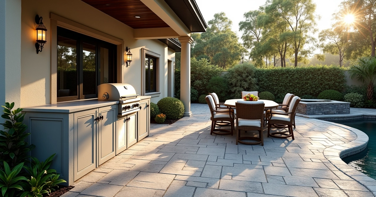 Concrete and paver surface outdoor kitchen patio with grill 