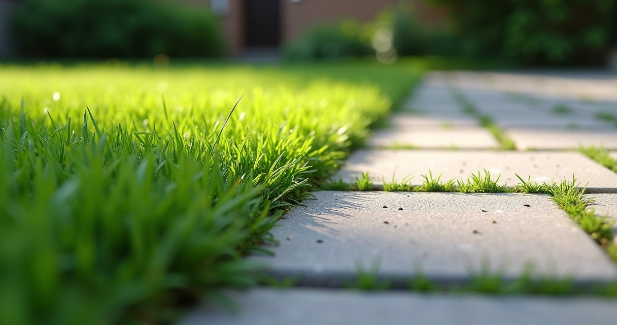 Close-up of turf and paver border with visible weed growth 