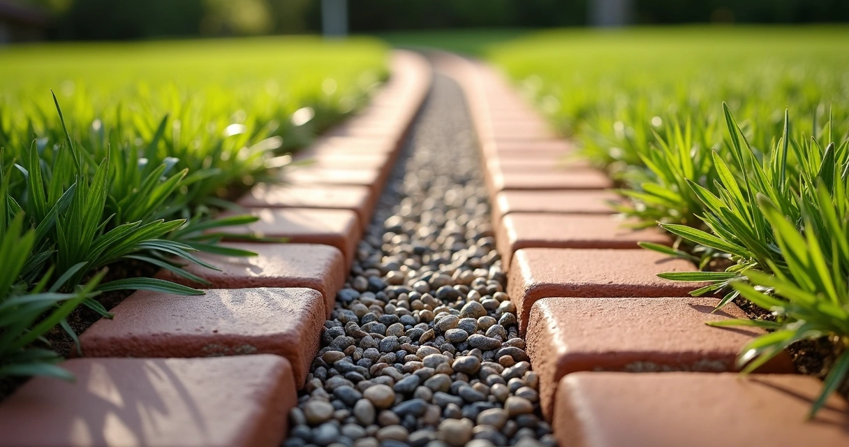 Brick pavers with visible edge drain in garden