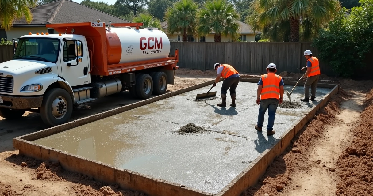 Pouring concrete in a residential Orlando backyard, workers spreading mix. 