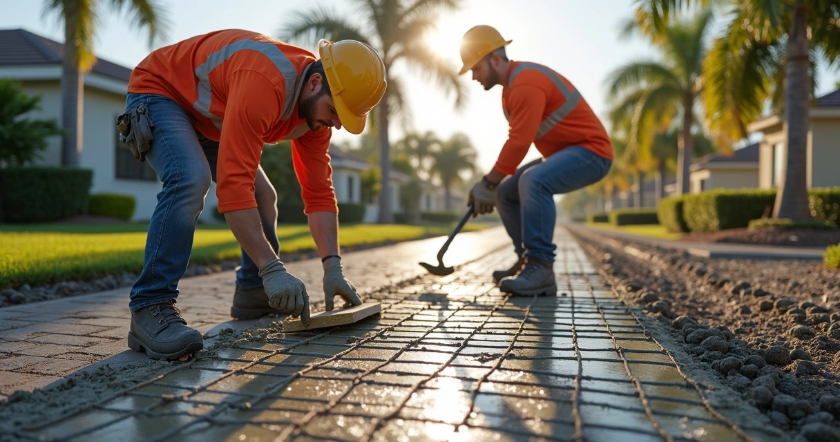 Workers pouring concrete with visible rebar in Orlando