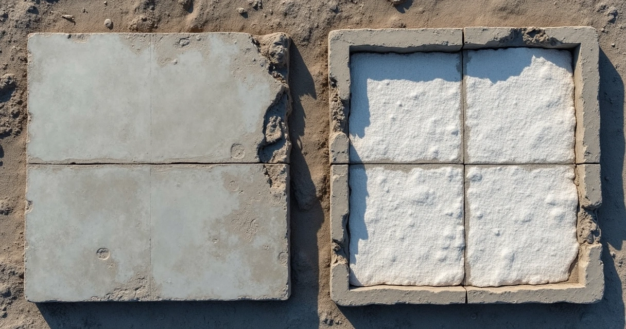 Two sections of a concrete slab, one with rebar and the other with visible fiber mesh