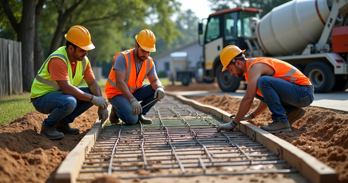 Workers preparing rebar and forms for a concrete slab in Orlando 