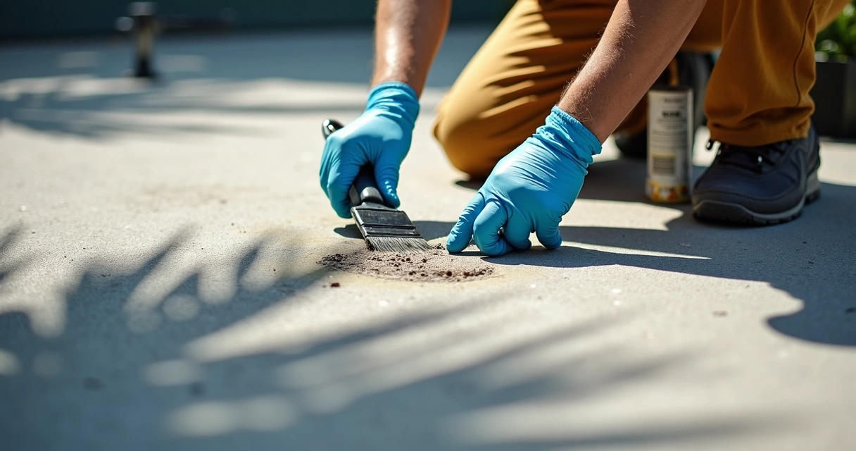 Worker applying epoxy to minor spalling area on concrete slab