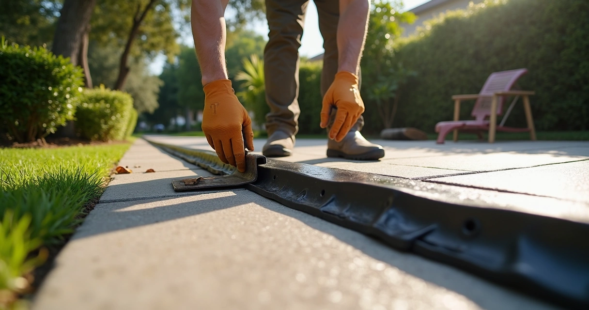 Barrier being installed along concrete patio edge to block tree roots.