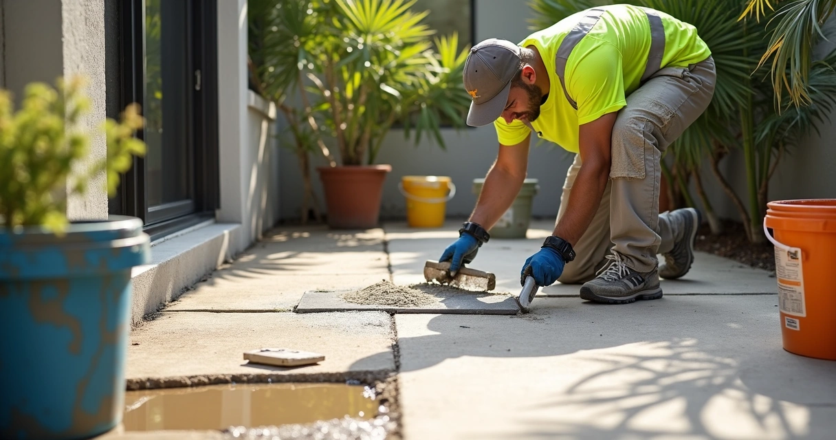 Technician repairing concrete scaling on patio in Florida 