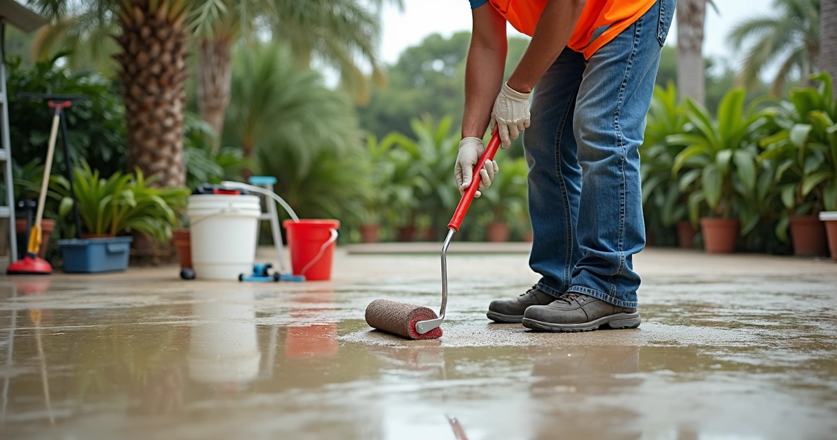 Worker applying sealer on patio in Orlando
