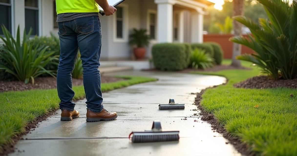 Concrete sidewalk with freshly poured finish and contractor inspecting with clipboard in Orlando yard 