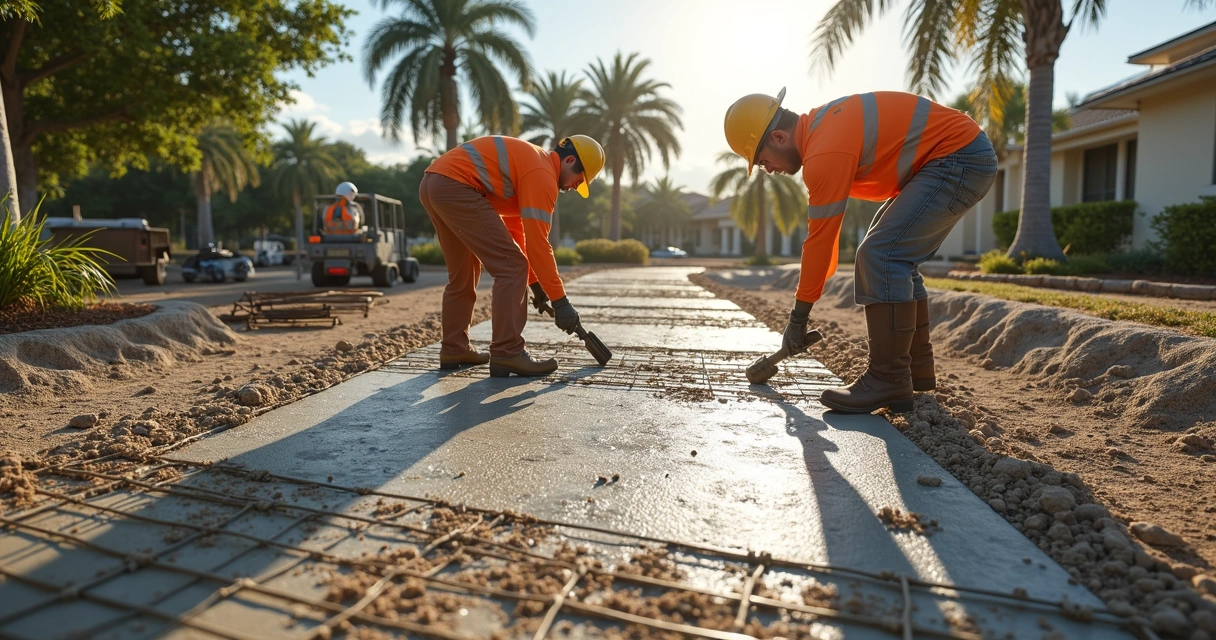 Workers preparing concrete sub-base with compacted sand and rebar.