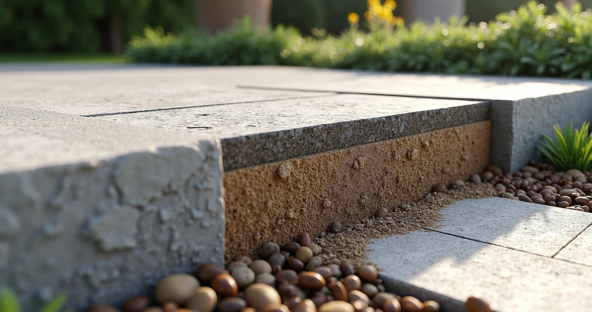 Cross-section view of patio slab showing layers, sub-base, rebar 