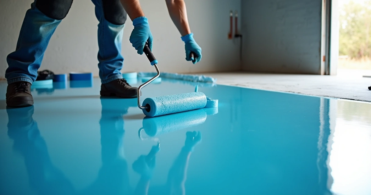 Worker applying epoxy coating to a concrete slab in a Florida garage 