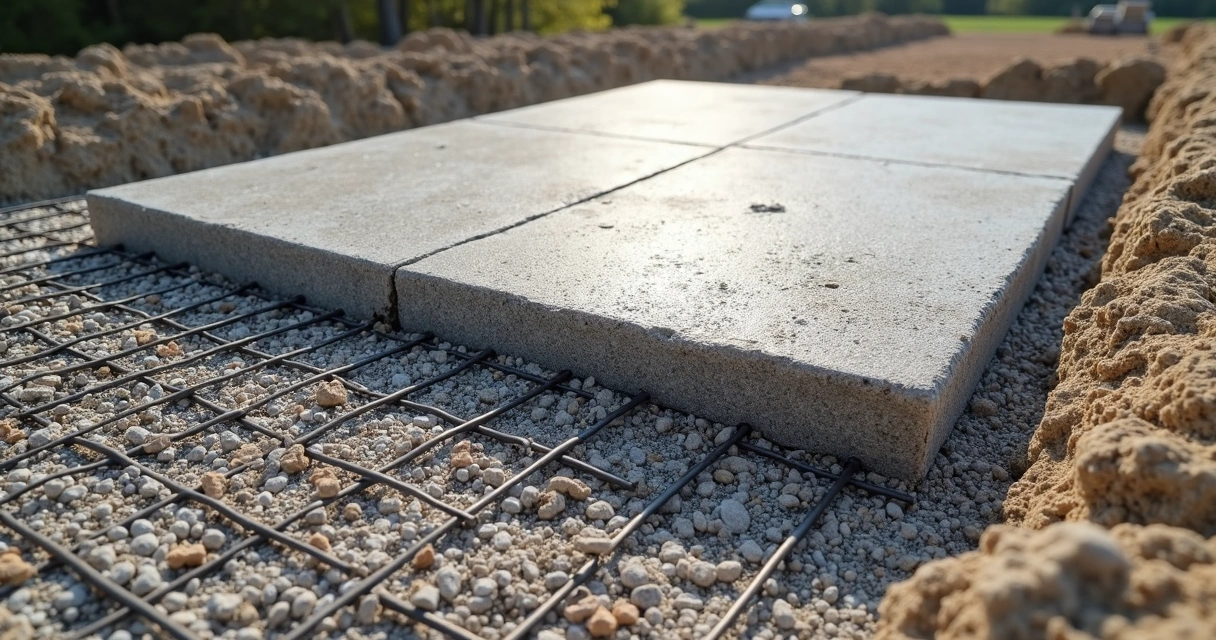 Concrete slab with visible rebar and compacted sub-base
