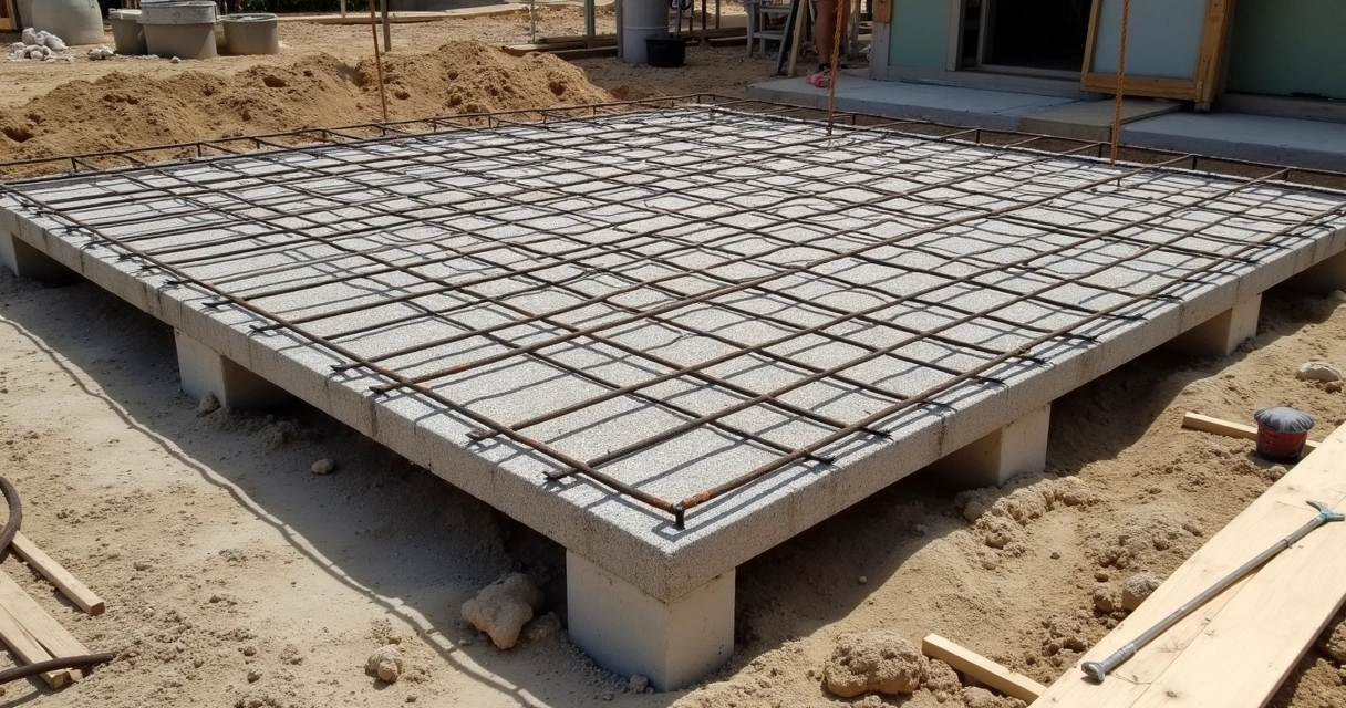Steel rebar mesh in place before concrete pour 