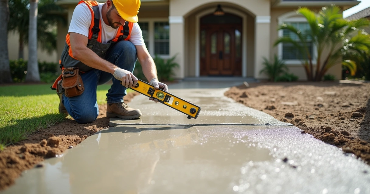 Worker checking concrete slab slope near patio