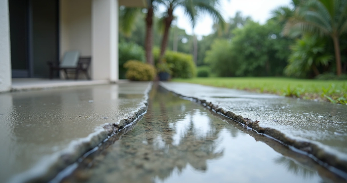 Water pooling on a backyard concrete slab after Florida rain 