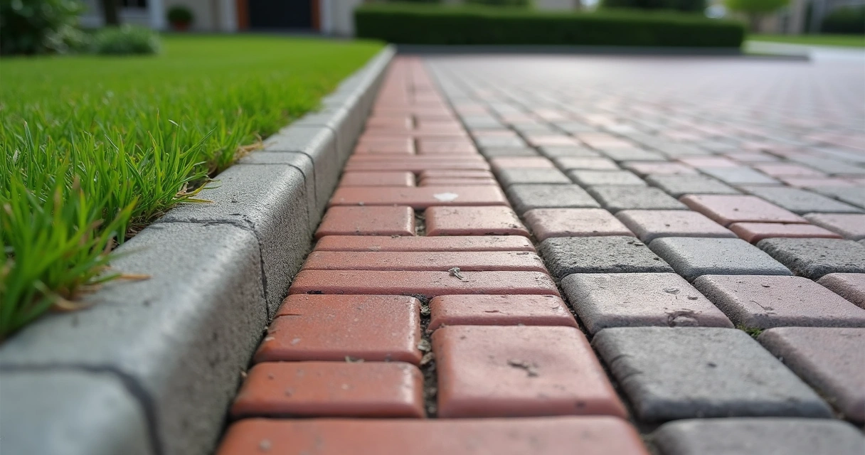 Concrete curb with soldier course paver edging 