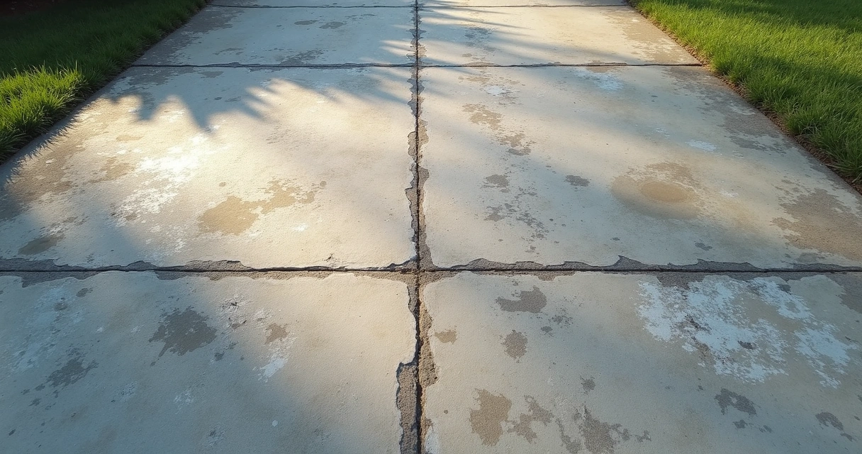 Concrete surface with etch marks from acid, outdoor driveway 