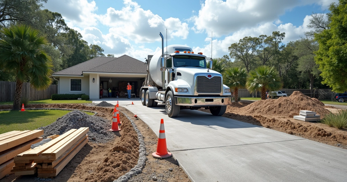 Concrete mixer truck delivering concrete at a residential construction site with clear staging and access 