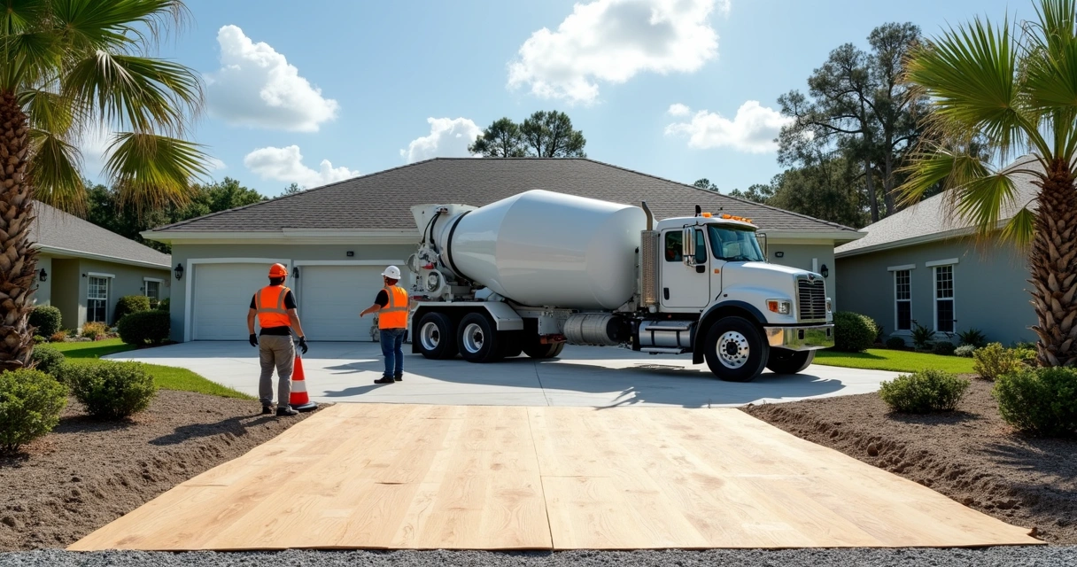 Concrete truck being staged on a clear residential driveway in Orlando FL. 