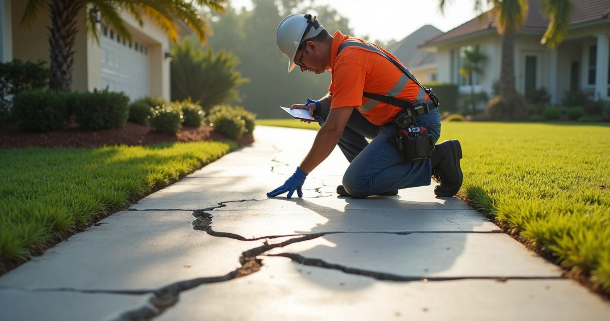 Inspector reviewing concrete cracks on residential walkway 