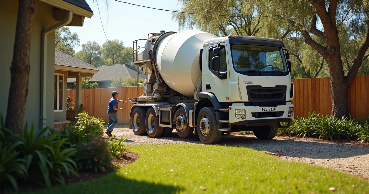 Concrete truck facing narrow backyard access in Central Florida 