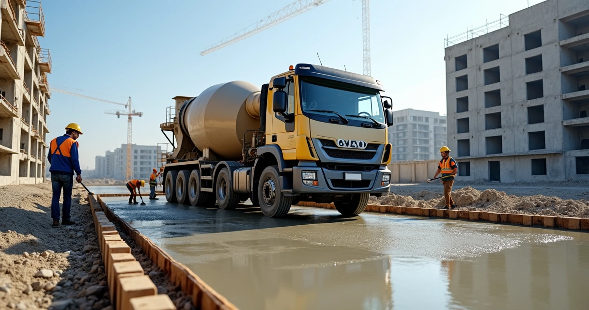 Caminhão betoneira descarregando concreto usinado em uma obra civil 