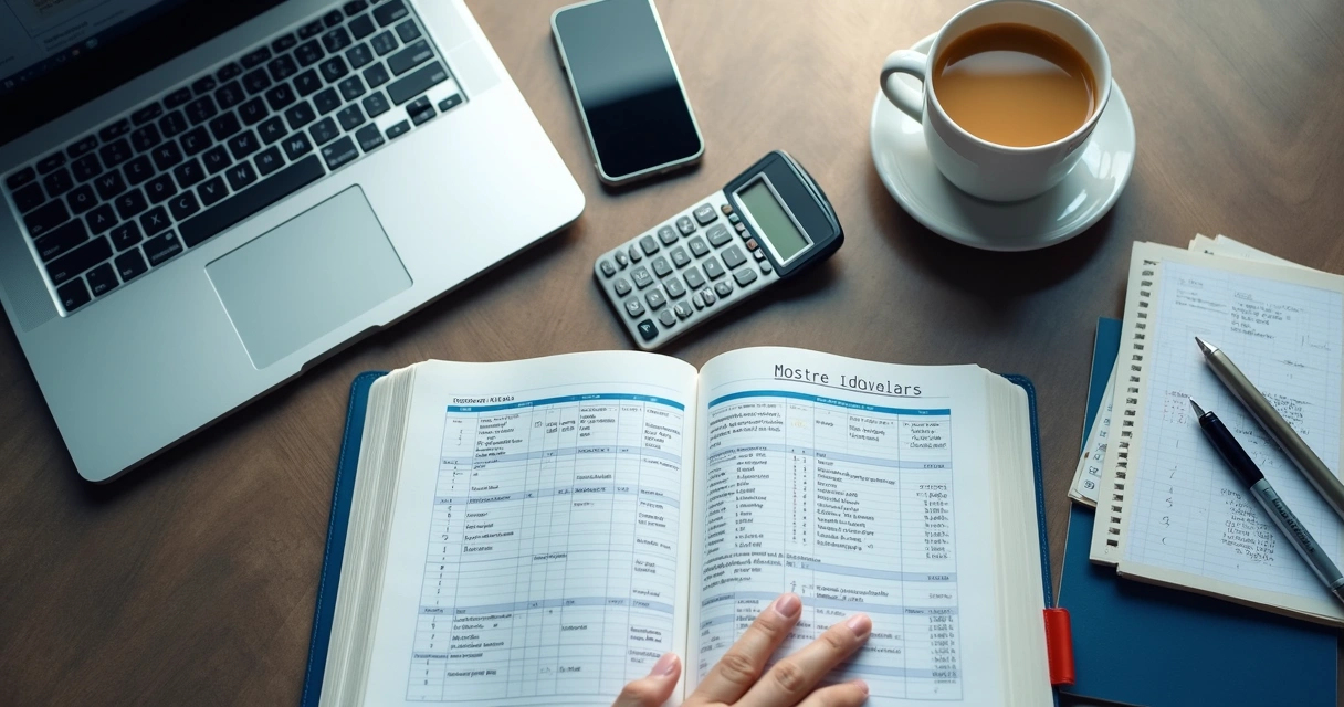 Caderno de estudos para concurso bancário com notebook e materiais financeiros 