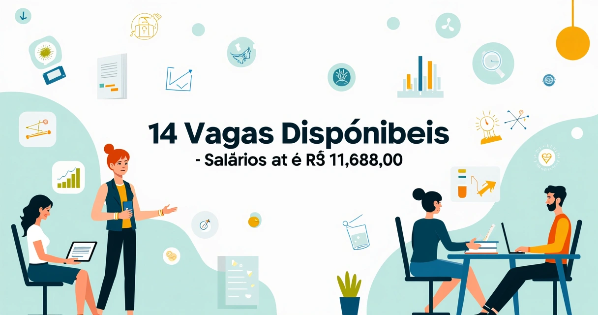 Ilustração sobre concurso no CRC-SP com 14 vagas e salário de até R$ 11.683,00, incluindo elementos de estabilidade e crescimento.