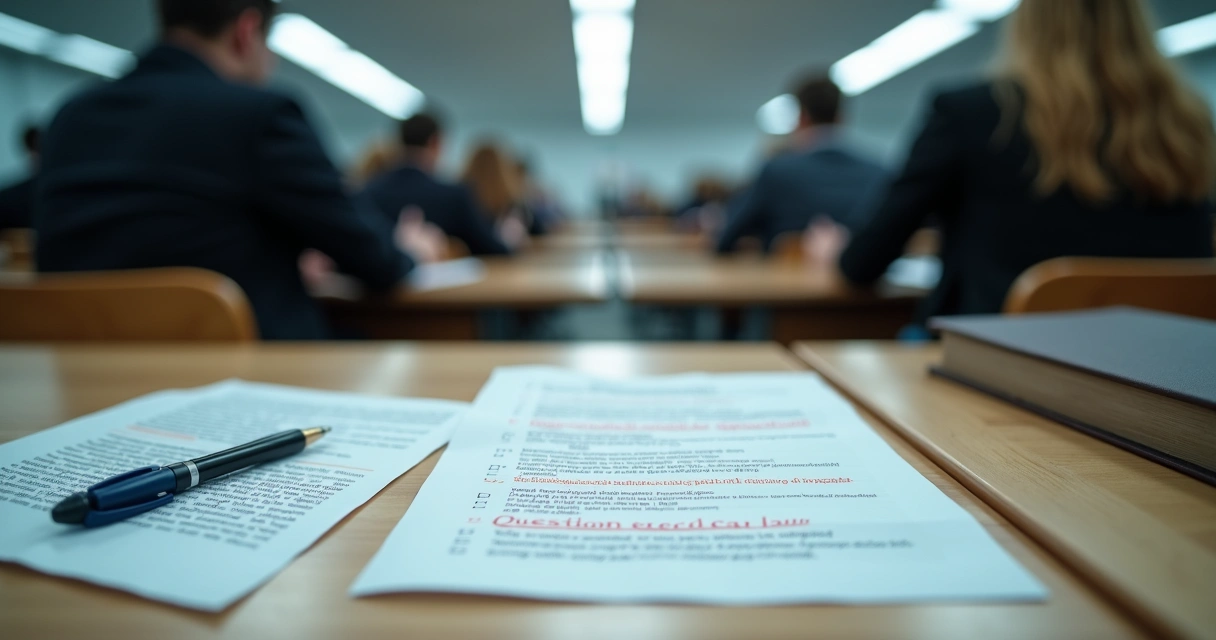 Mesa com prova de concurso destacando questão fora do edital e edital ao lado sublinhado 