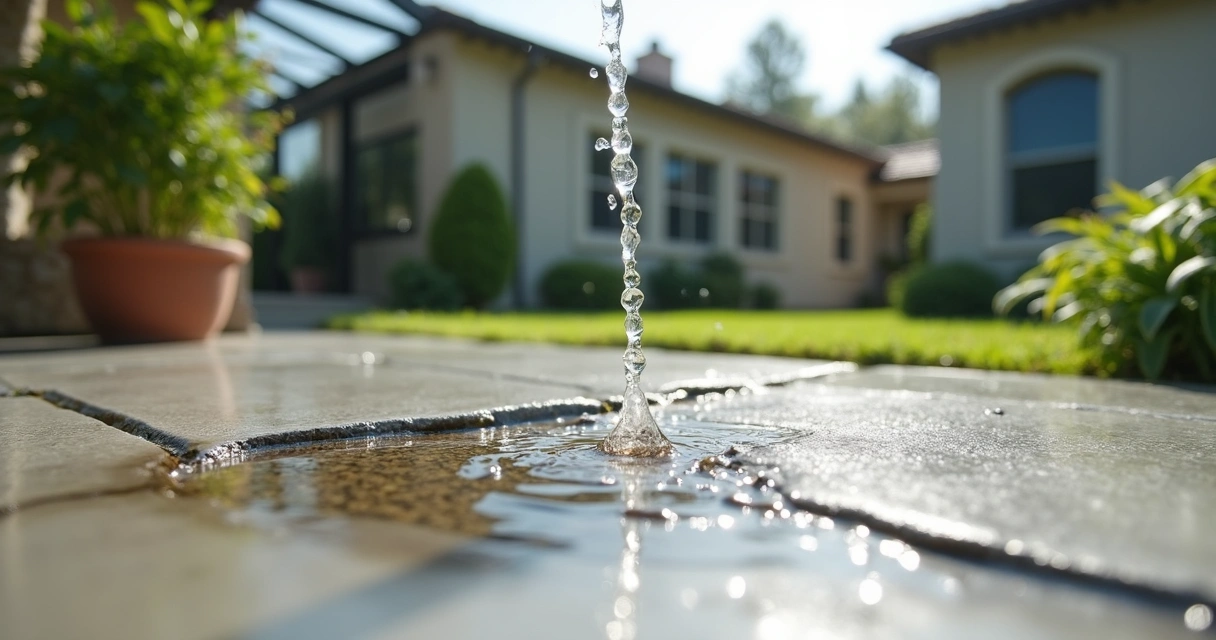 Condensation water dripping from an HVAC line onto a concrete patio in daylight 
