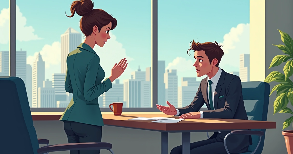 Pessoa com expressão superior falando com outra, que aparenta desconforto, ambos em ambiente de trabalho 