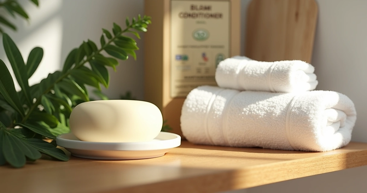 Bloco de condicionador sólido sobre prato de cerâmica ao lado de toalha branca e plantas naturais 