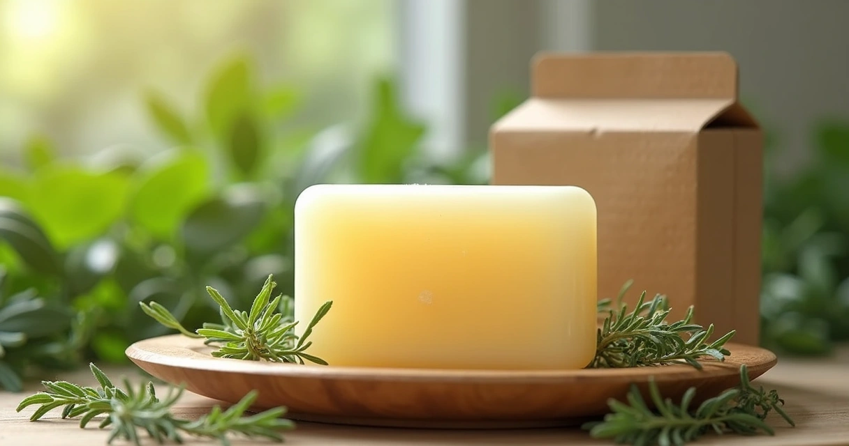 Condicionador sólido natural em embalagem ecológica com folhas verdes ao fundo 