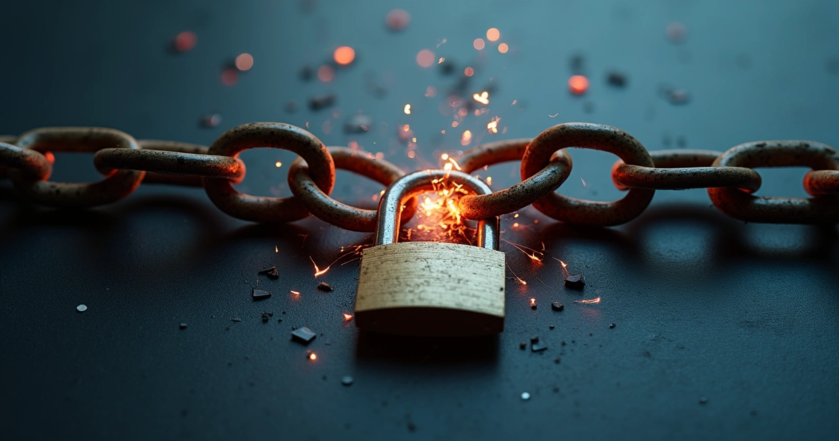 Cadeado e correntes quebradas representando libertação de condicionamentos emocionais 