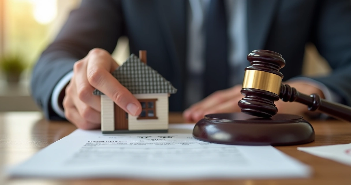 Person placing a conditional bid at a real estate auction with a gavel and house model on table 