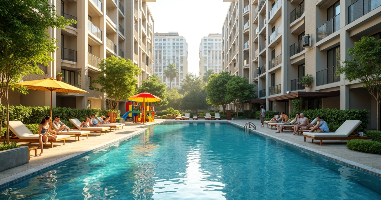 Área comum de condomínio com piscina, playground e jardins 