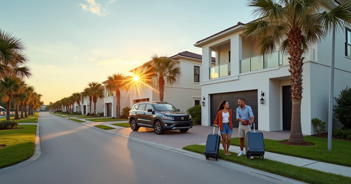 Família brasileira em frente a casa de condomínio perto da Disney ao pôr do sol 