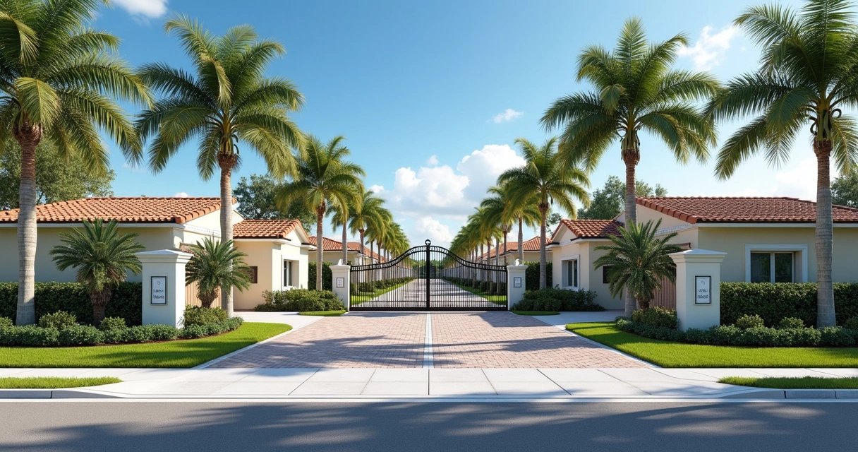 Fachada de condomínio de casas de luxo em Champions Gate com paisagismo exuberante